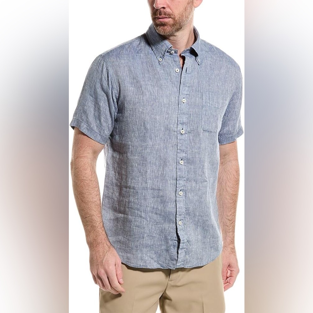 Men’s Brooks Brothers Blue Linen Regent Short Sleeve Button Up Shirt